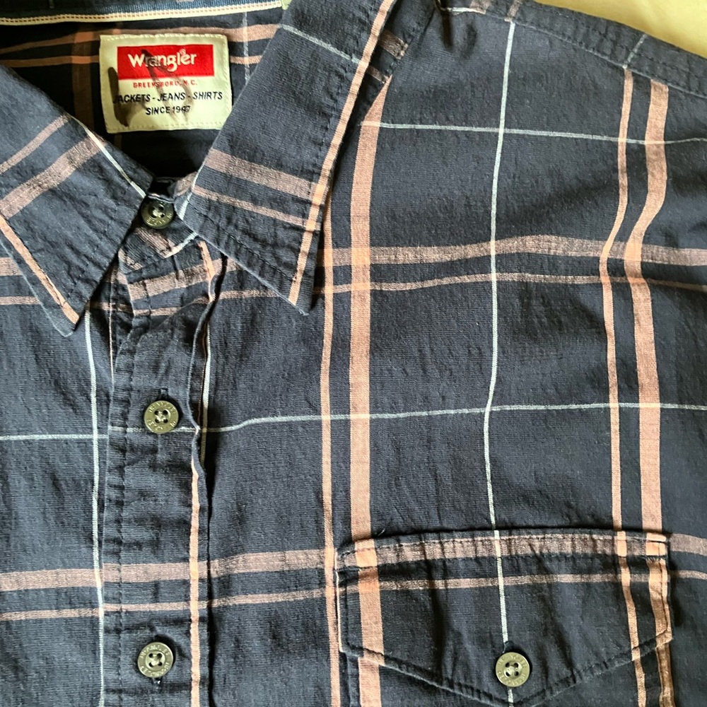 Wrangler Flex For Comfort 3XL blue pink Plaid Long Sleeve button down shirt